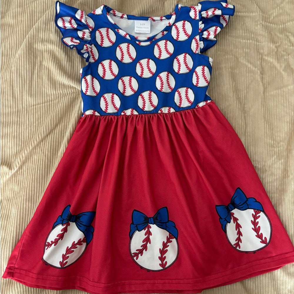 Girls Baseball Print Dress - Red and Blue with pretty bow details
